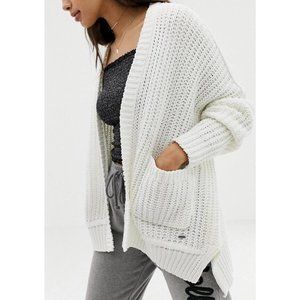 HOLLISTER Co Oversized White Chunky Knit Open Cardigan Soft Pockets Women’s M/L
